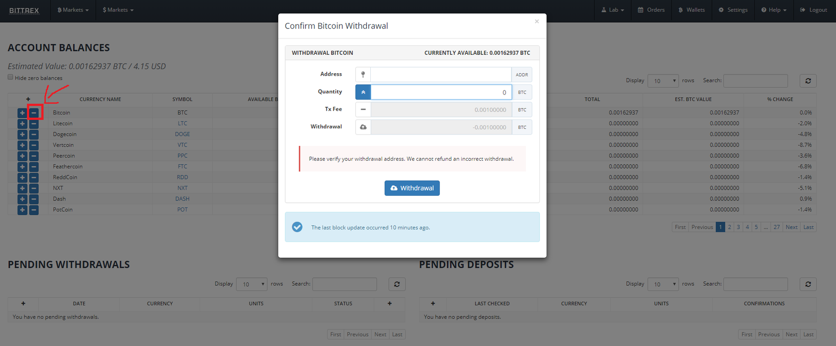 withdraw bitcoin from bittrex